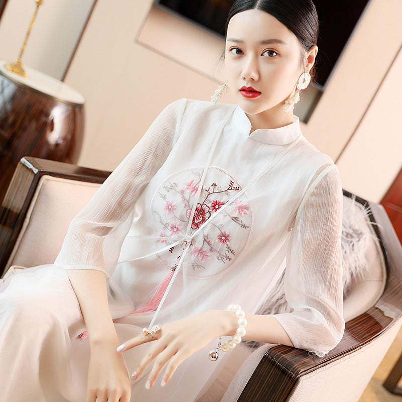 Mandarin Collar Floral Embroidery Han Chinese Costume with Tassel ...