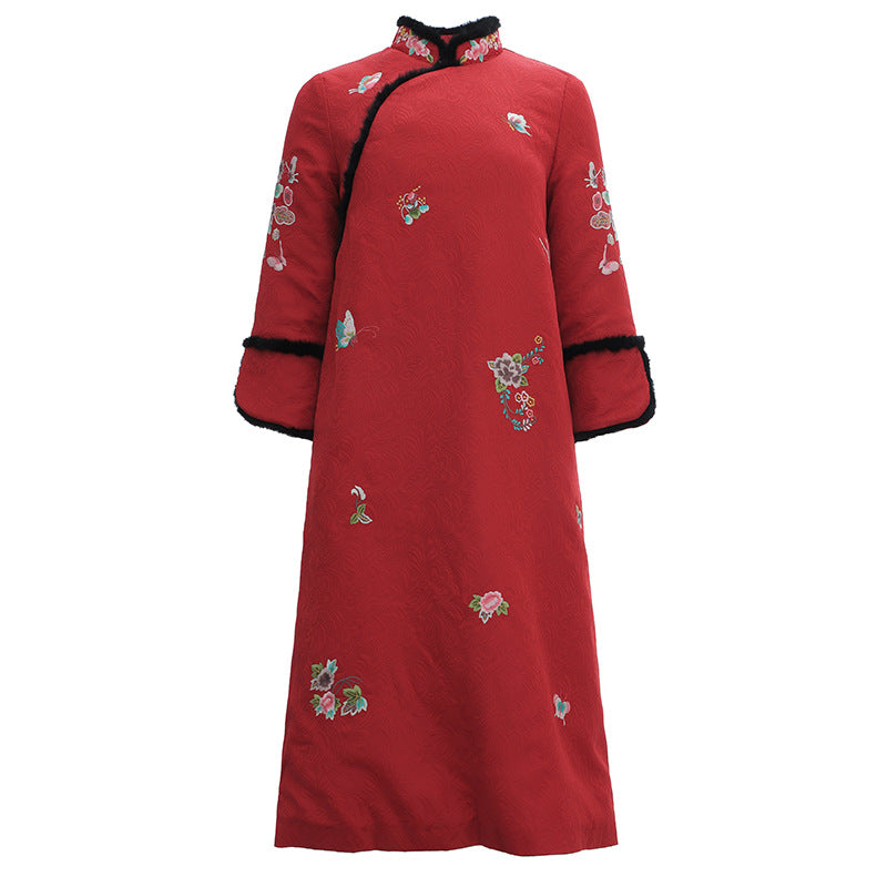 Floral Embroidery Fancy Cotton Cheongsam Knee Length Chinese Dress with Fur Edges