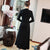 Two Cranes Embroidery V Neck Long Sleeve Chinese Style Sweater Dress