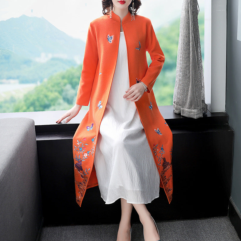 Butterfly Embroidery Mandarin Collar Chinese Style Wool Coat Wind Coat