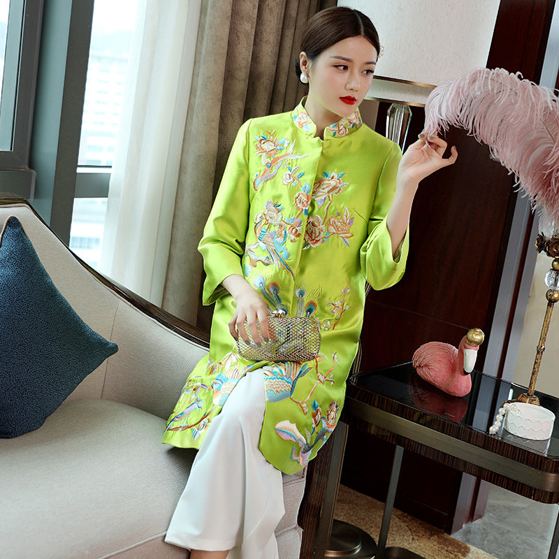 3/4 Sleeve Floral Embroidery Taffeta Chinese Wind Coat Han Costume