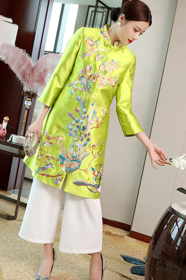 3/4 Sleeve Floral Embroidery Taffeta Chinese Wind Coat Han Costume