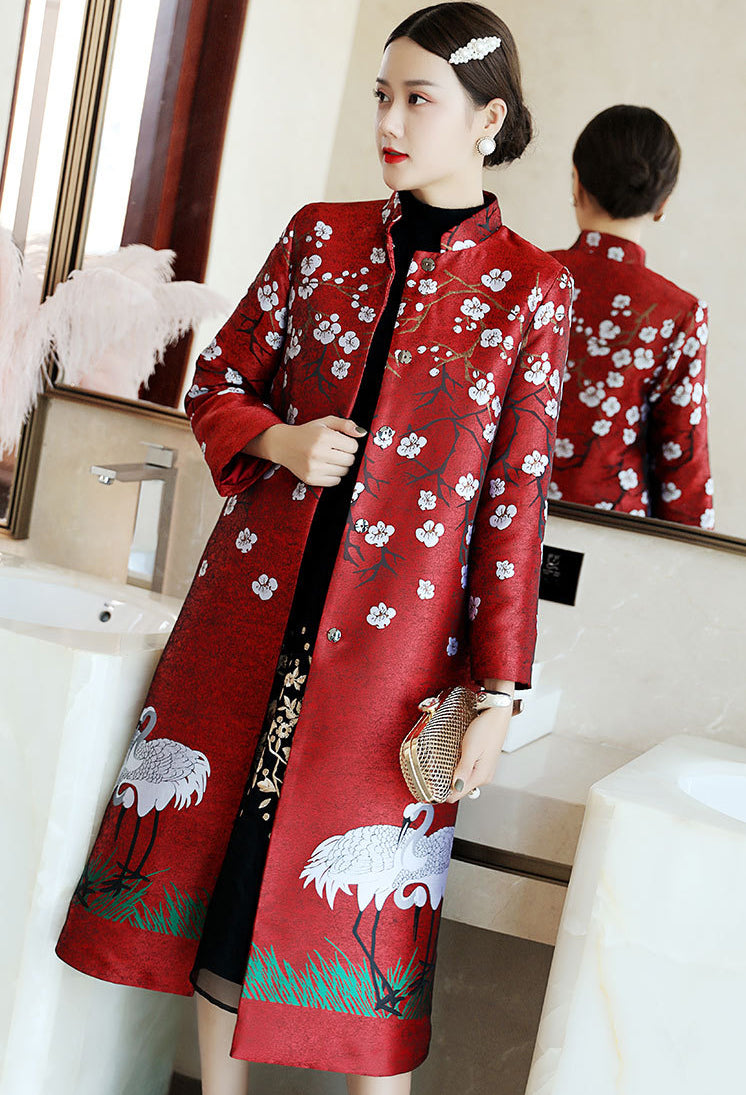 Floral & Crane Pattern Fancy Cotton Retro Chinese Wind Coat Mother Coat