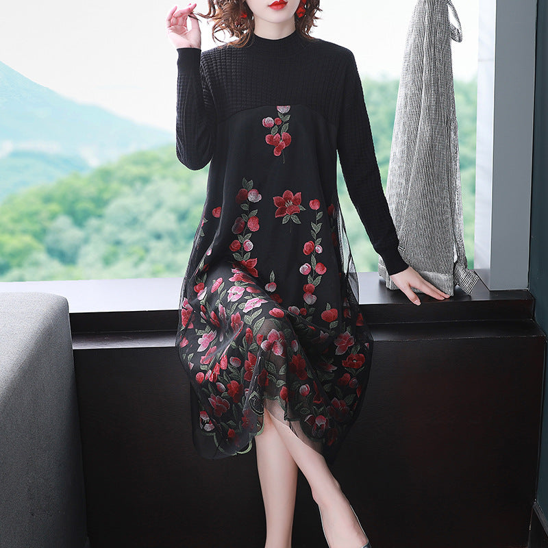 sweater dress with chiffon skirt Floral Embroidery Chiffon Skirt Tea Length Chinese Style Sweater Dress