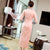 V Neck Auspicious Embroidery Tea Length Retro Cheongsam Chinese Dress