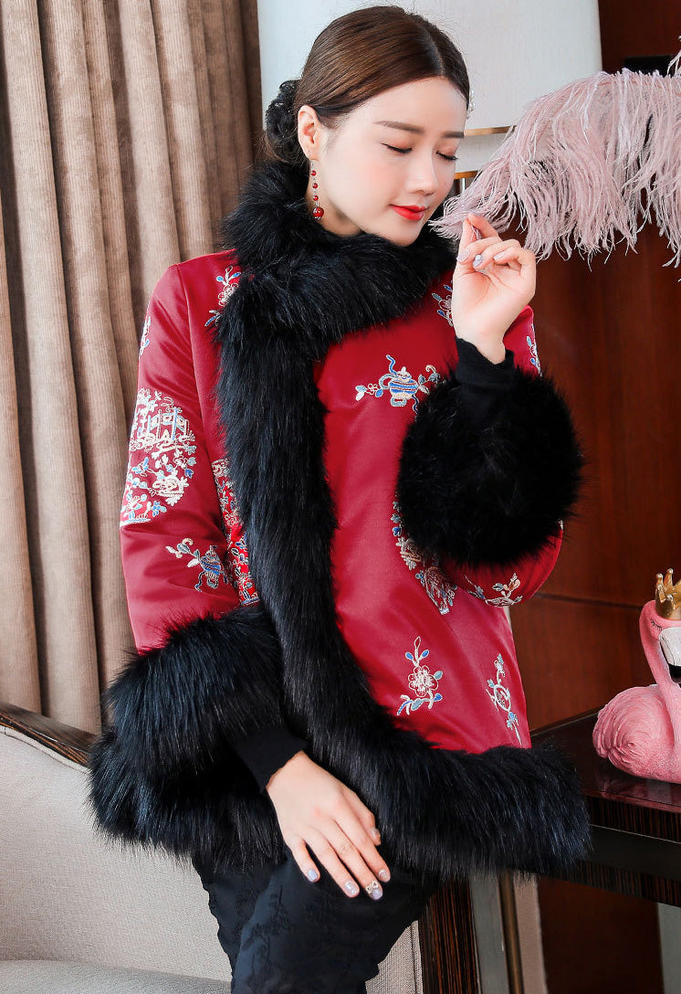 Fur Edge Retro Chinese Style Brocade Wadded Coat Comfort Fit