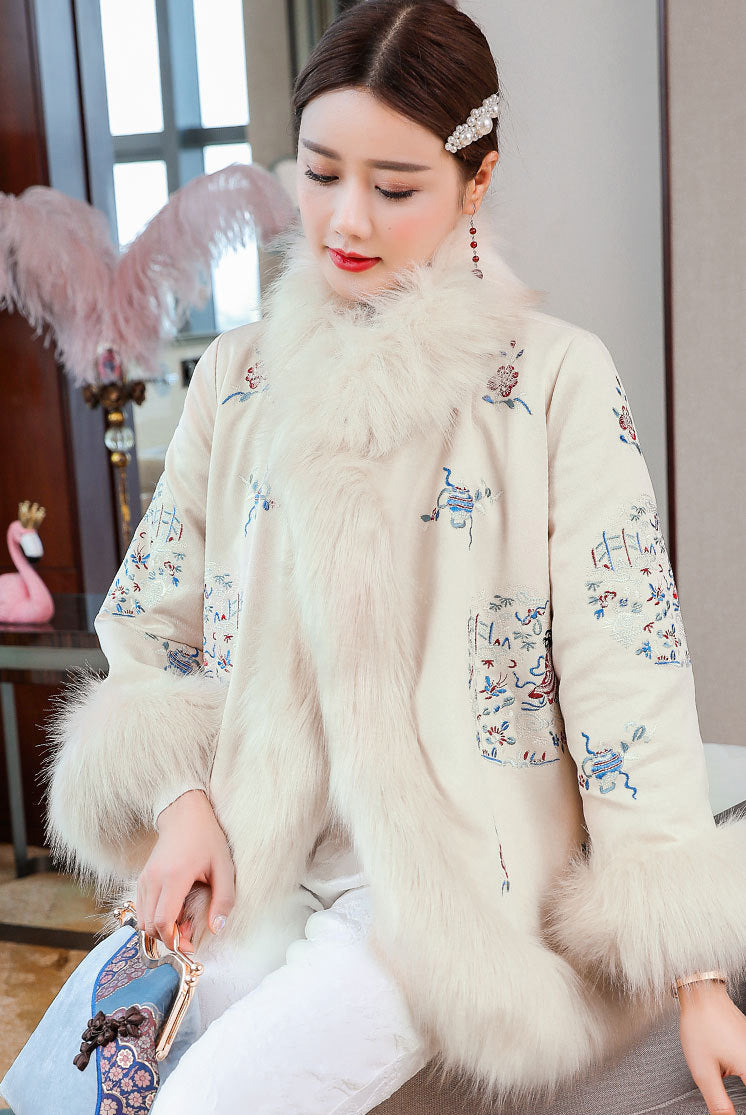 Fur Edge Retro Chinese Style Brocade Wadded Coat Comfort Fit