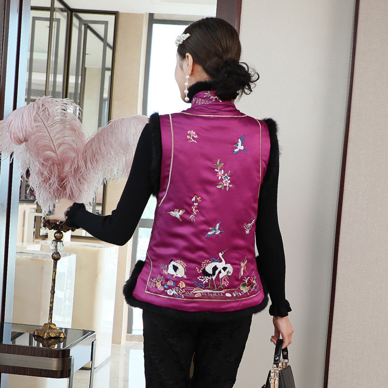 Peacock & Floral Embroidery Chinese Style Wadded Waistcoat Vest