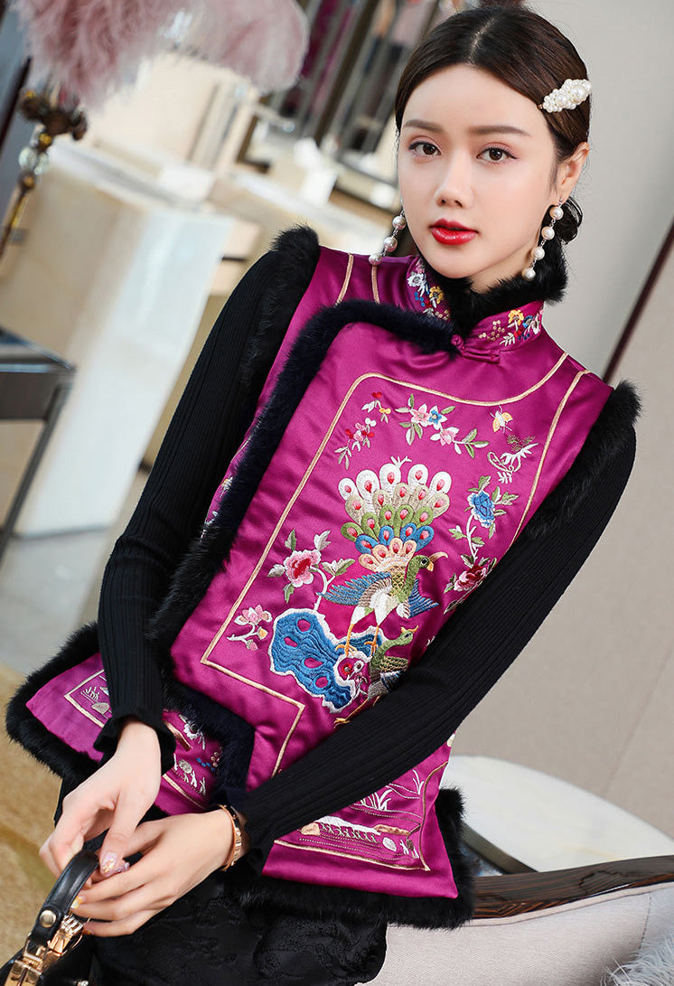 Peacock & Floral Embroidery Chinese Style Wadded Waistcoat Vest