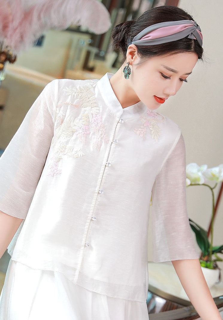 3/4 Sleeve Mandarin Collar Floral Embroidery Traditional Chinese Shirt