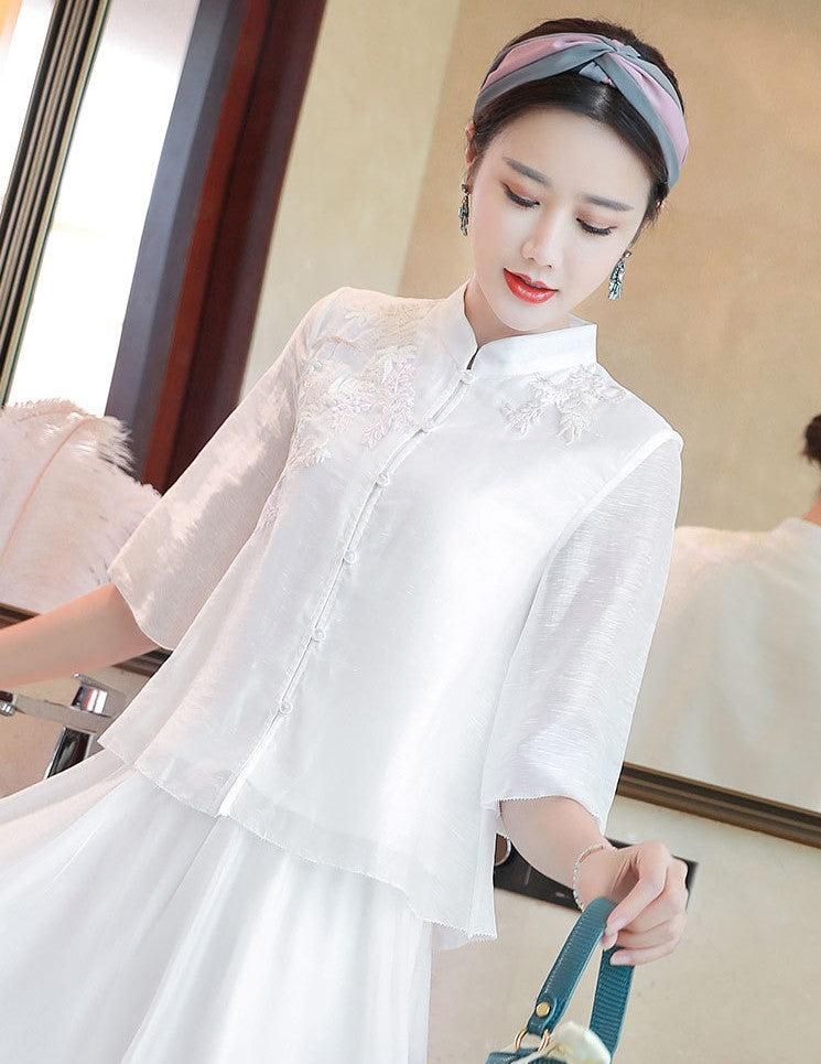 3/4 Sleeve Mandarin Collar Floral Embroidery Traditional Chinese Shirt