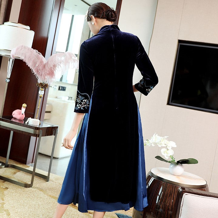 3/4 Sleeve Crane & Floral Embroidery Velvet A-line Aodai Chinese Dress