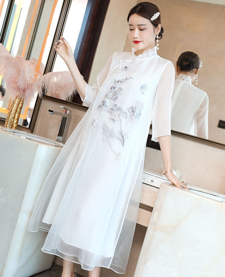 Floral Embroidery Illusion Sleeve Hanfu Causal Dress Traiditonal Chinese Costume