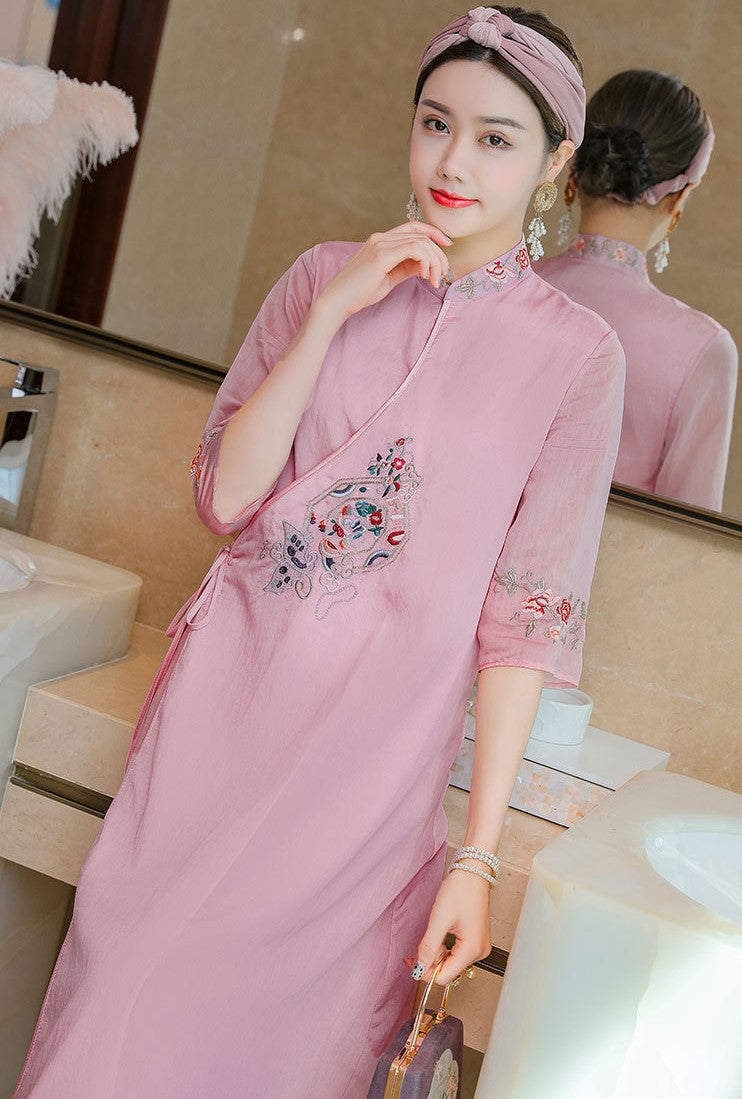 Floral Embroidery Half Sleeve Hanfu Causal Dress Traiditonal Chinese Costume