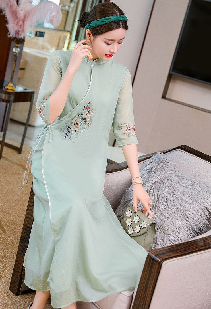 Floral Embroidery Half Sleeve Hanfu Causal Dress Traiditonal Chinese Costume