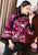 Abrigo acolchado estilo chino con brocado bordado floral con borde de piel