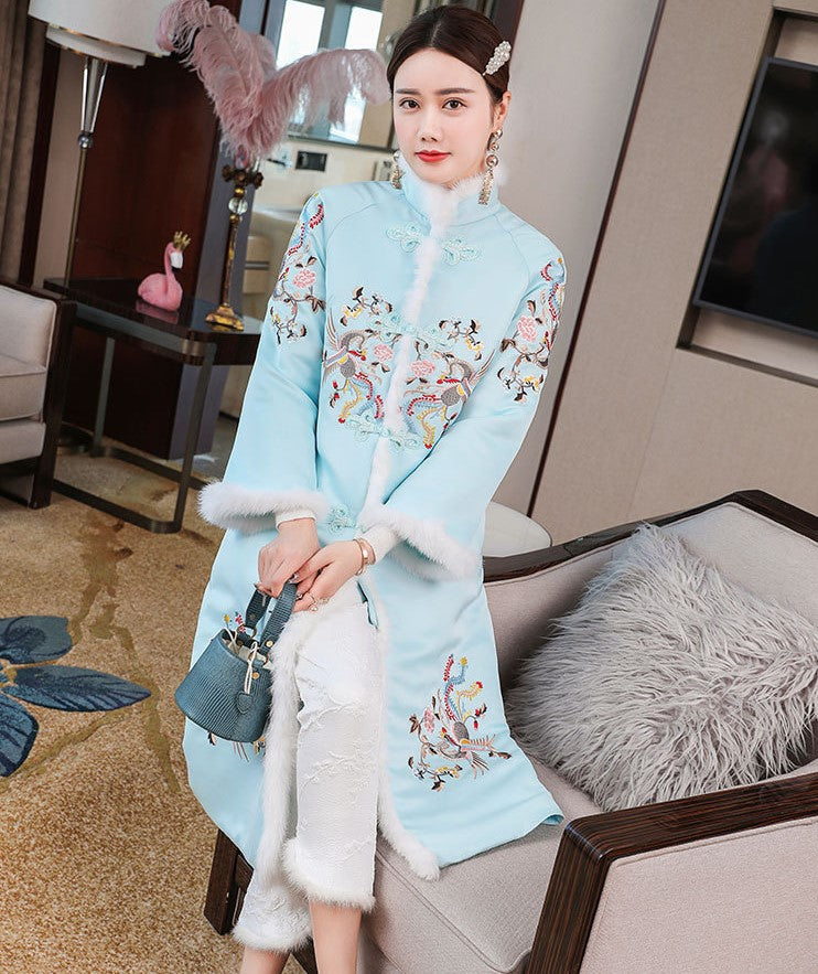 Phoenix Embroidery Brocade Long Chinese Style Wadded Coat Wind Coat