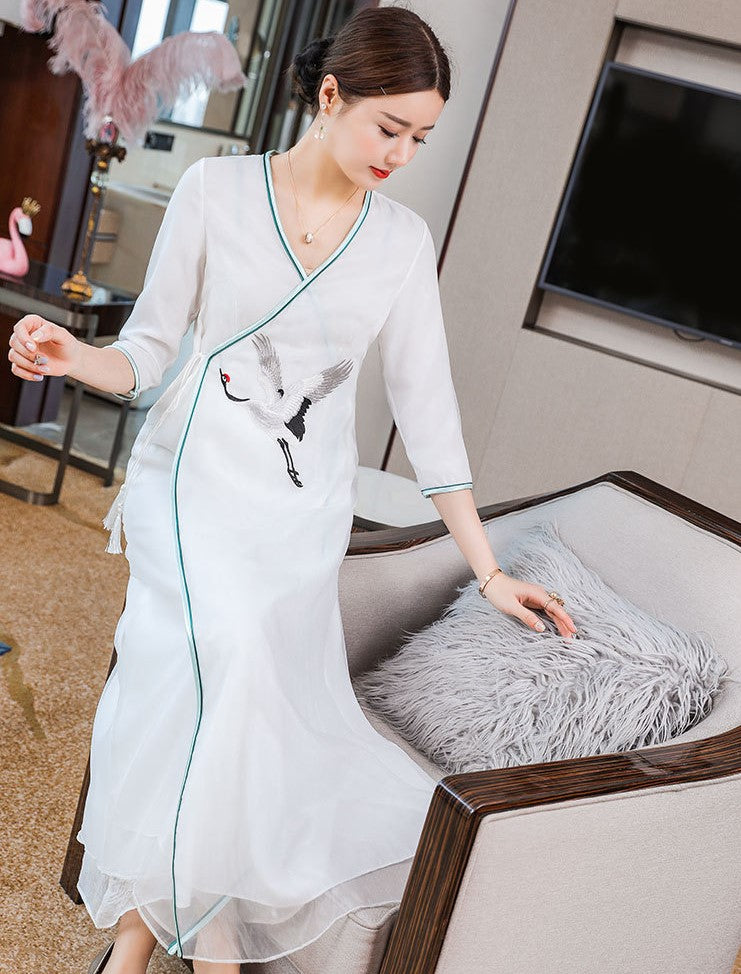 Crane Embroidery V Neck Hanfu Causal Dress Traiditonal Chinese Costume