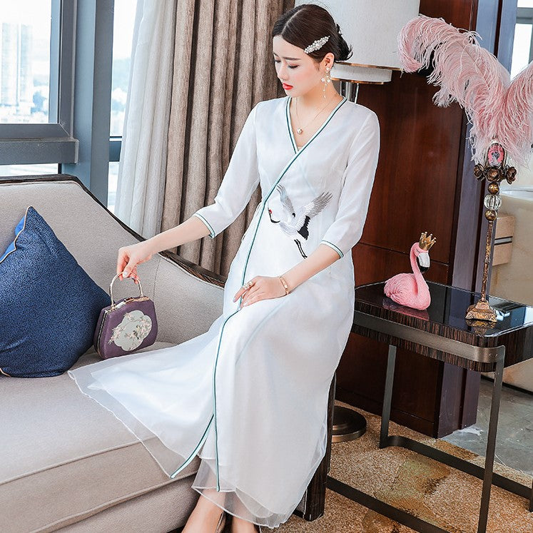 Crane Embroidery V Neck Hanfu Causal Dress Traiditonal Chinese Costume
