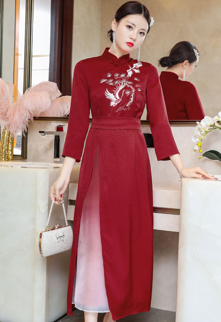 3/4 Sleeve Crane & Pine Embroidery Silk A-line Aodai Chinese Dress
