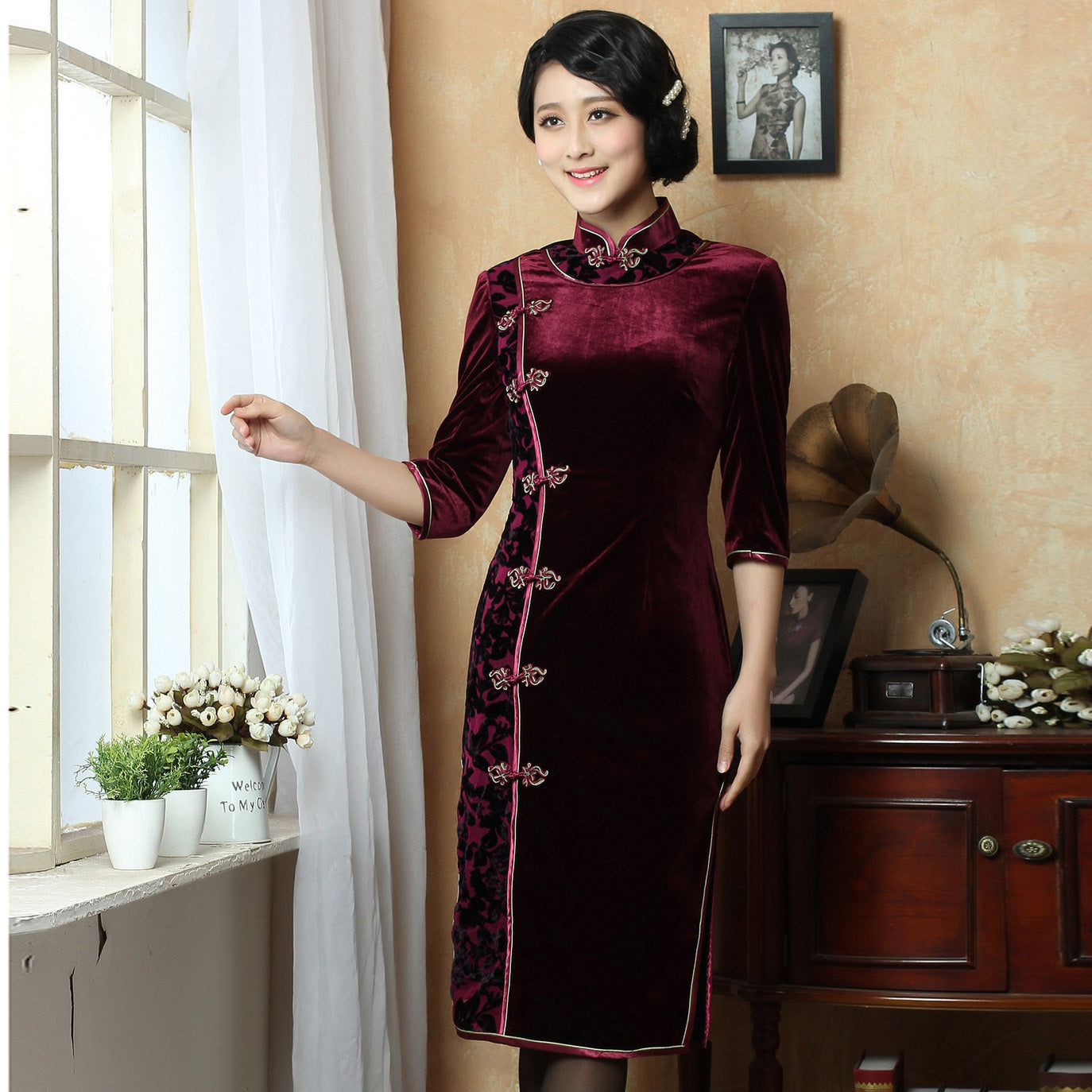 Knee Length Velvet Cheongsam Mother Dress Frog Buttons Front IDREAMMART Knee Length Velvet Cheongsam Mother Dress Frog Buttons Front IDREAMMART
