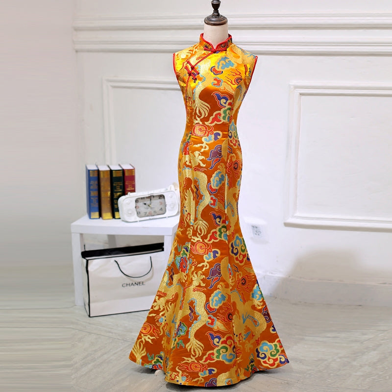 Dragon & Phoenix Pattern Brocade Mermaid Prom Dress Ceremonial Gown Yellow / 3XL Dragon & Phoenix Pattern Brocade Mermaid Prom Dress Ceremonial Gown Yellow / 3XL