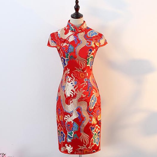 Dragon & Phoenix Pattern Knee Length Brocade Cheongsam