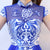 Blue & White Porcelain Pattern Knee Length Chinese Style Evening Dress with Tull Skirt