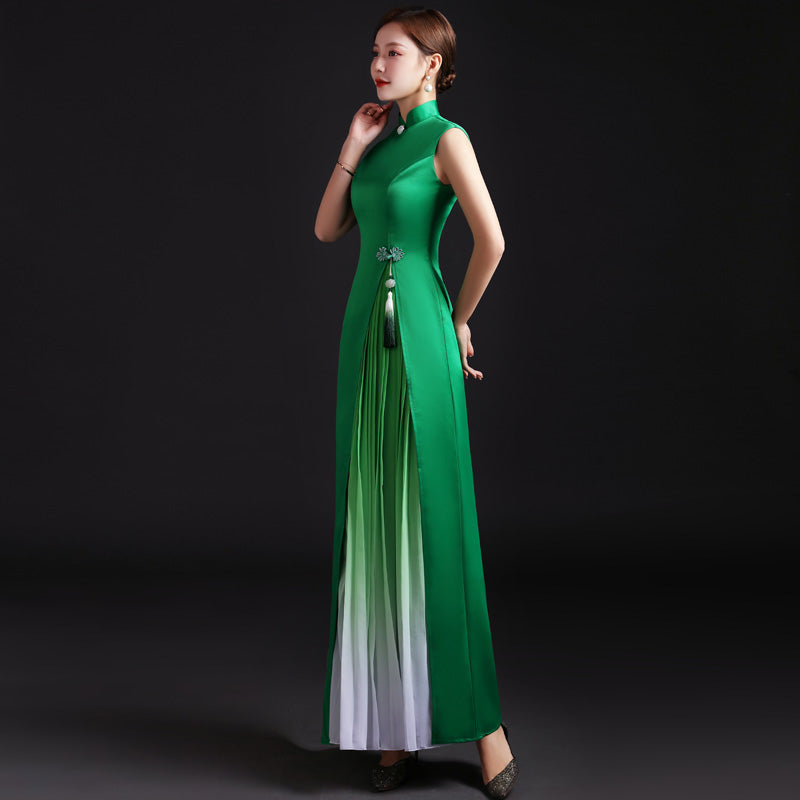 Sleeveless Satin Ao Dai Chinese Evening Dress with Tassel Black / 3XL Sleeveless Satin Ao Dai Chinese Evening Dress with Tassel Black / 3XL