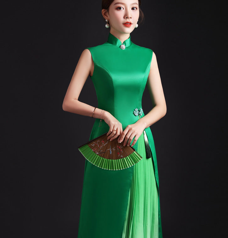 Sleeveless Satin Ao Dai Chinese Evening Dress with Tassel
