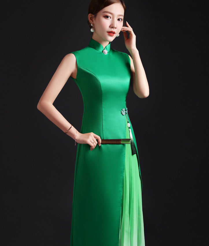 Sleeveless Satin AO Dai Chinese Evening Dress with Tassel Black / S