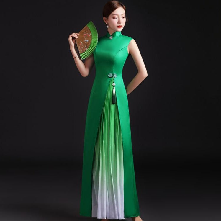 Sleeveless Satin Ao Dai Chinese Evening Dress with Tassel Green / XXL Sleeveless Satin Ao Dai Chinese Evening Dress with Tassel Green / XXL