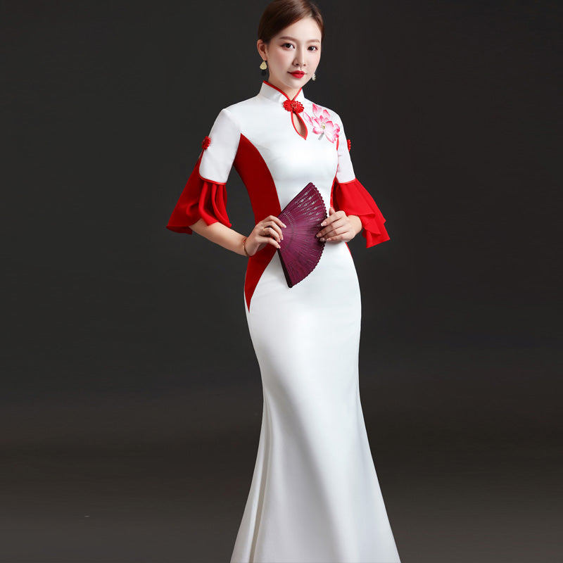 evening dresses from china Ruffle Sleeve Cheongsam Top Long Mermaid Chinese Evening Dress Red / XXL