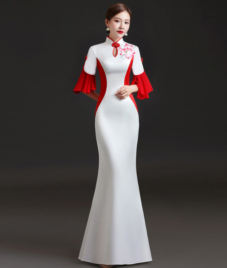 Ruffle Sleeve Cheongsam Top Long Mermaid Chinese Evening Dress Red / XL Ruffle Sleeve Cheongsam Top Long Mermaid Chinese Evening Dress Red / XL