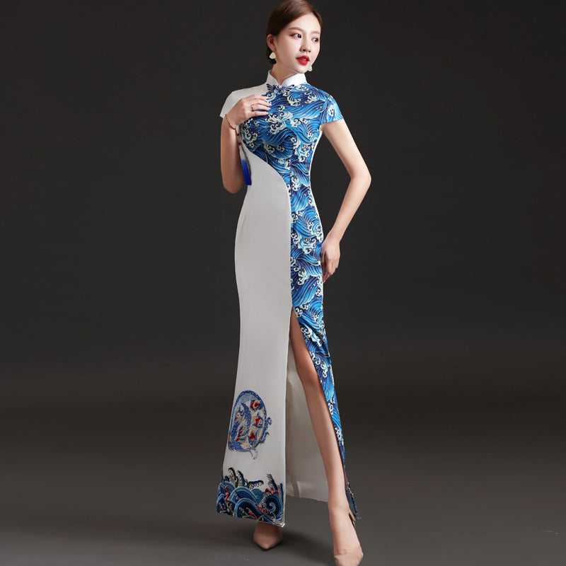 Wave Joint Cheongsam Top Long Mermaid Chinese Evening Dress White / S Wave Joint Cheongsam Top Long Mermaid Chinese Evening Dress White / S