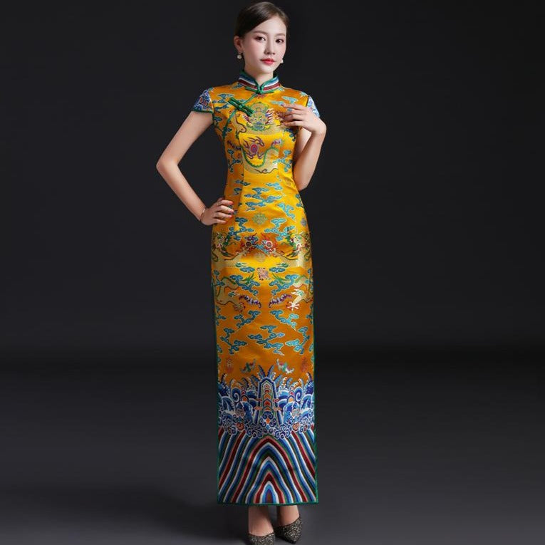 Dragons Pattern Brocade Traditional Cheongsam Chinese Evening Dress Yellow / XL Dragons Pattern Brocade Traditional Cheongsam Chinese Evening Dress Yellow / XL