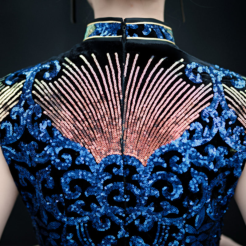 chinese dress for prom Floral Sequins Velvet Traditional Cheongsam Chinese Evening Dress Navy / 3XL