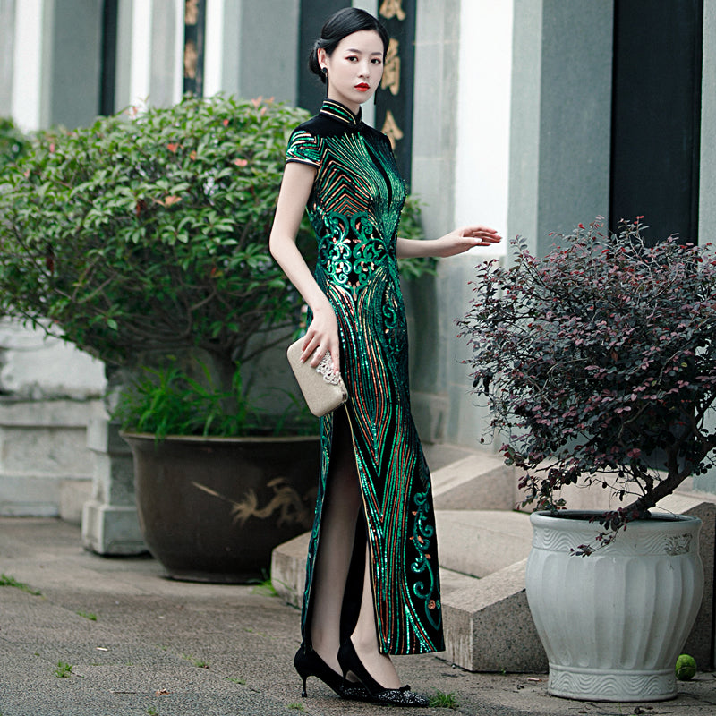 Floral Sequins Cap Sleeve Traditional Cheongsam Chinese Evening Dress Purple / L Floral Sequins Cap Sleeve Traditional Cheongsam Chinese Evening Dress Purple / L