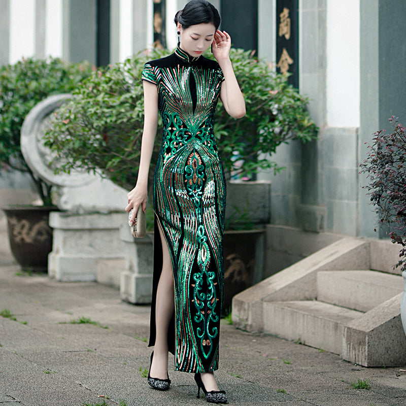 Floral Sequins Cap Sleeve Traditional Cheongsam Chinese Evening Dress Green / XL Floral Sequins Cap Sleeve Traditional Cheongsam Chinese Evening Dress Green / XL