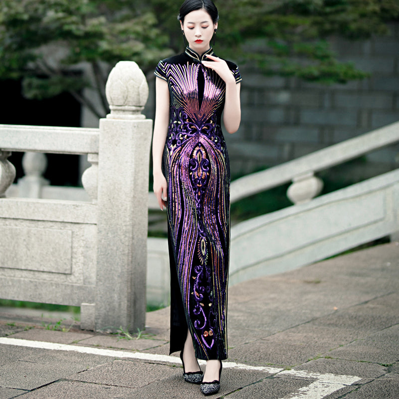 Floral Sequins Cap Sleeve Traditional Cheongsam Chinese Evening Dress Purple / L Floral Sequins Cap Sleeve Traditional Cheongsam Chinese Evening Dress Purple / L
