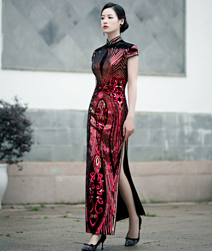 Floral Sequins Cap Sleeve Traditional Cheongsam Chinese Evening Dress Purple / L Floral Sequins Cap Sleeve Traditional Cheongsam Chinese Evening Dress Purple / L