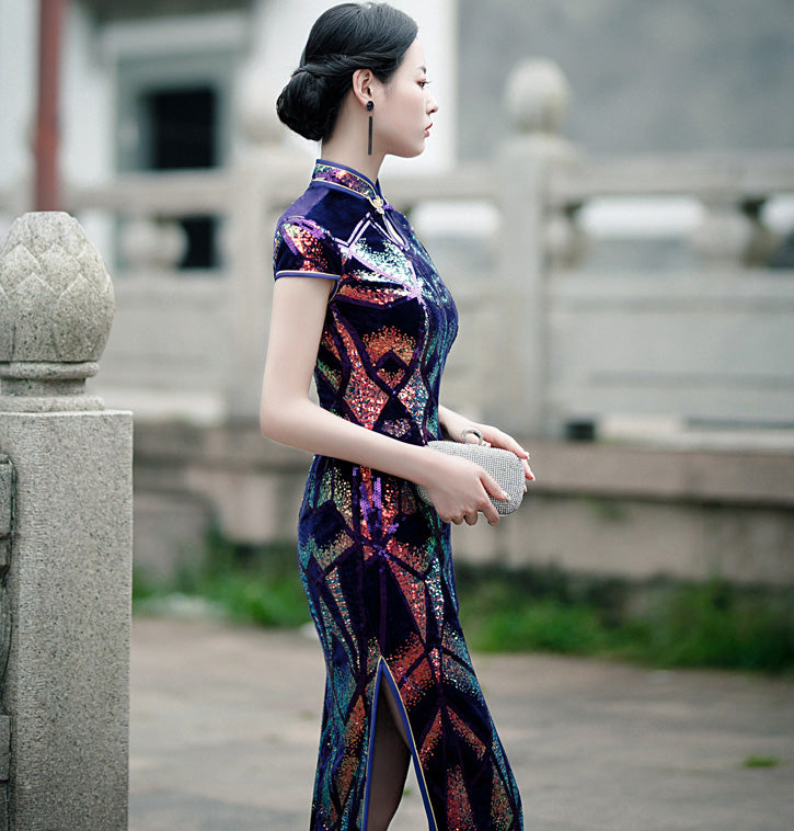 Floral Sequins Cap Sleeve Traditional Cheongsam Qipao Mother Dress