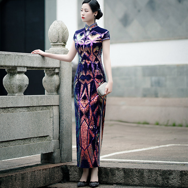 Floral Sequins Cap Sleeve Traditional Cheongsam Qipao Mother Dress Purple / S