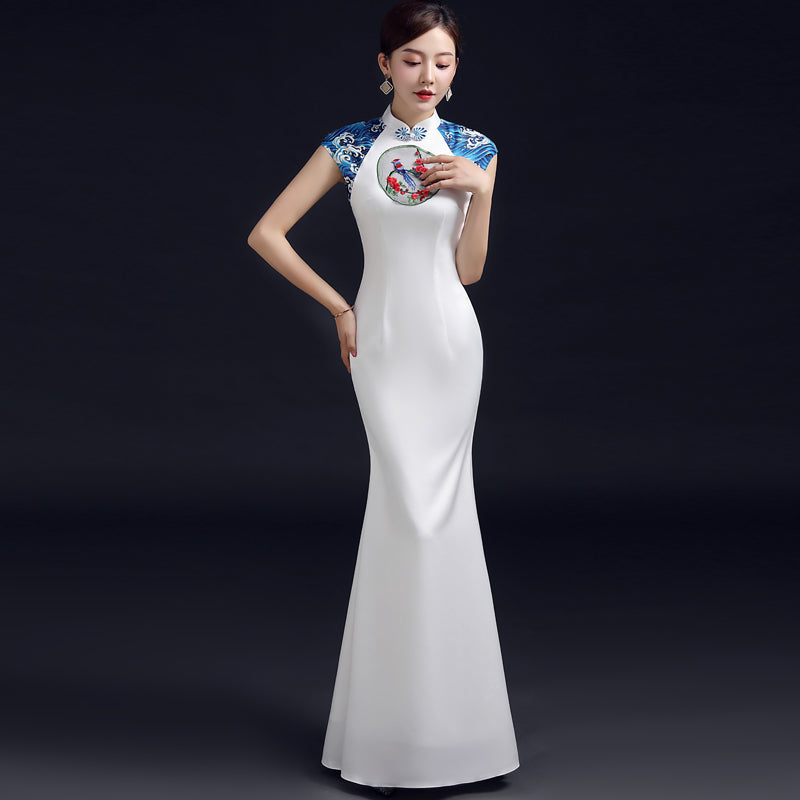 cap sleeve mermaid prom dress Beaded Cap Sleeve Satin Mermaid Wedding Gown