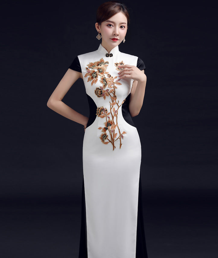 Floral Embroidery Cheongsam Top Ao Dai Chinese Evening Dress – IDREAMMART