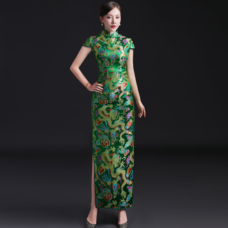 silk dragon dress Blue Qipao Dress Gold Dragon Embroidered Chinese Dress