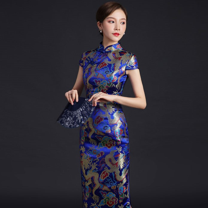 Dragon & Phoenix Pattern Knee Length Brocade Cheongsam Evening Dress Blue / 5XL Dragon & Phoenix Pattern Knee Length Brocade Cheongsam Evening Dress Blue / 5XL