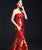 Trägerloses chinesisches Abendkleid aus Brokat mit Drachenmuster Kapellenschleppe