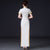 Floral Appliques Short Sleeve Full Length Cheongsam Chinese Prom Dress