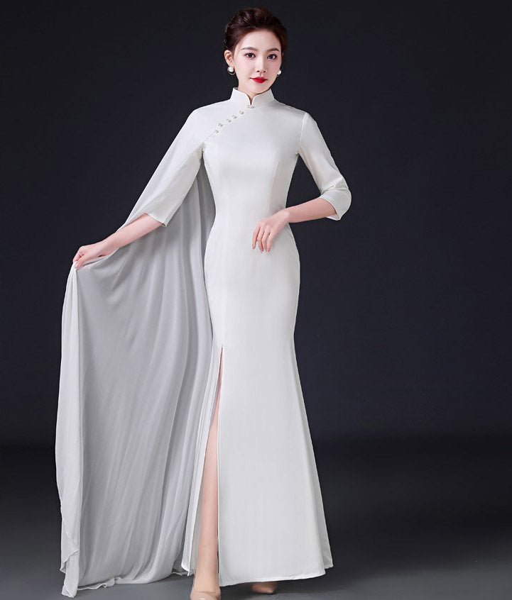 3/4 Sleeve Mermaid Cheongsam Chinese Prom Dress with Chiffon Cloak White / XL 3/4 Sleeve Mermaid Cheongsam Chinese Prom Dress with Chiffon Cloak White / XL